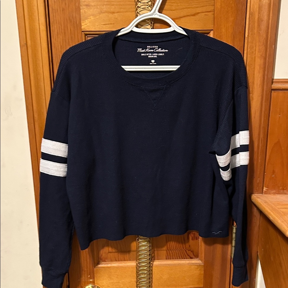Hollister Dark Blue Crewneck with White Arm Stripes